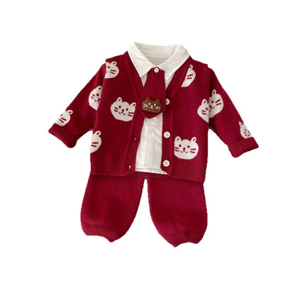 Winter and Autumn Baby Kids Girls Long Sleeves Solid Color Top Shirt, Knitted Pants and Cartoon Pattern Cardigan Clothing Set