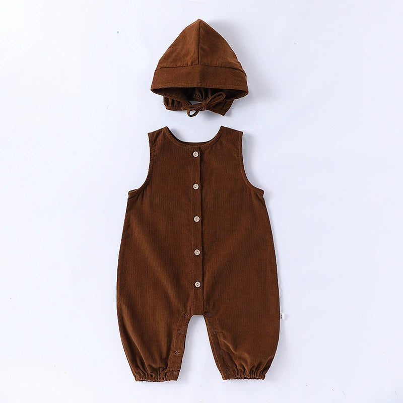 Autumn Arrival Baby Unisex Sleeveless Single Breasted Rompers Overalls with Hat, MyKids-USA®, Baby & Toddler Outfits, MyKids-USA - Size/Age - 66 (3-6M) - Color - Brown -  -  - TR2508272319-B