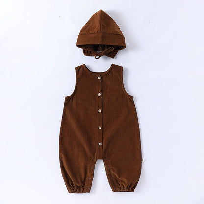 Autumn Arrival Baby Unisex Sleeveless Single Breasted Rompers Overalls with Hat, MyKids-USA®, Baby & Toddler Outfits, MyKids-USA - Size/Age - 66 (3-6M) - Color - Brown -  -  - TR2508272319-B