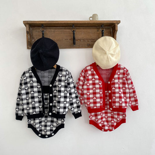 Autumn Heart Pattern Knitted Onesies & Cardigan Sets