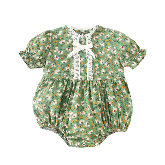 Summer New Arrival Baby Girls Floral Print Short Sleeves Lace Neck Vintage Onesies