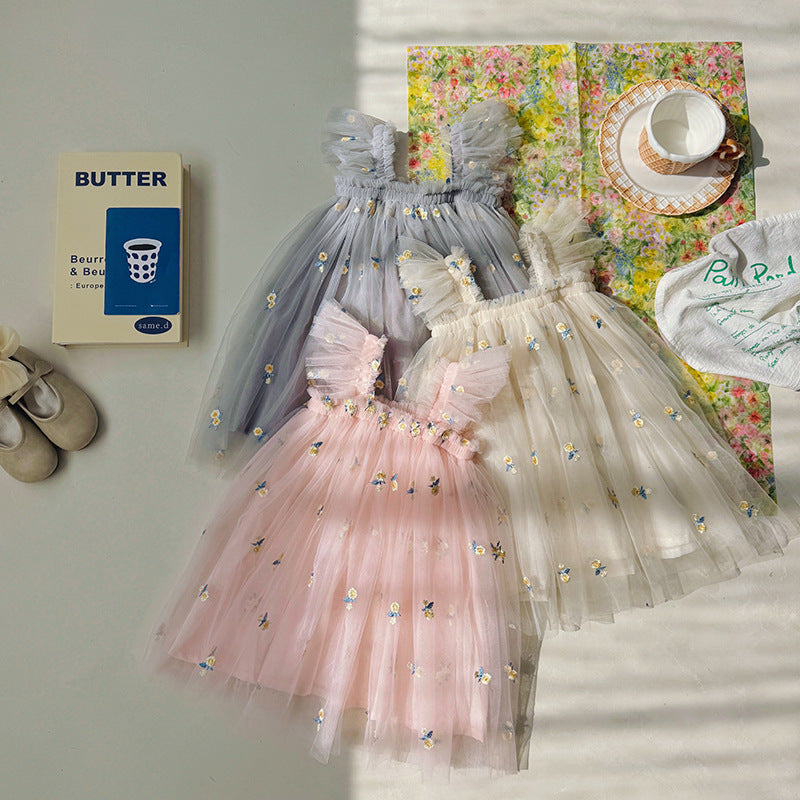 Summer Baby Kids Girls Sleeveless Floral Jacquard Mesh Design Off Shoulder Strap Dress, MyKids-USA®, Baby & Toddler Dresses, MyKids-USA -  -  -  -  -  -  - 