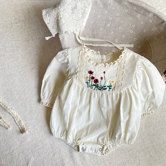 Baby Solid Color Embroidered Pattern Long Sleeve Onesies With Hat
