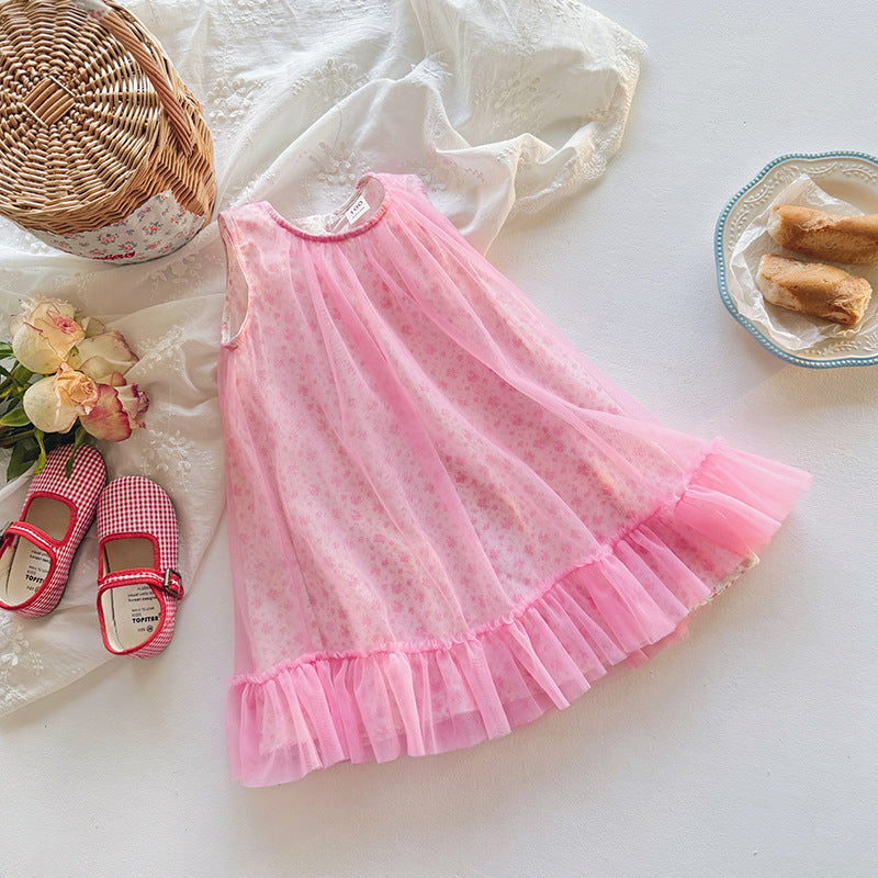 New Design Summer Kids Girls Cute Floral Print Sleeveless Mesh Dress