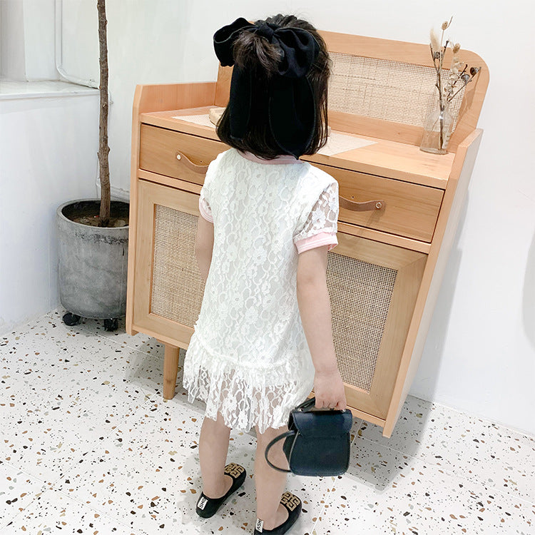 Summer Baby Girls Hot Selling Fashion Short Sleeves Lace Design Ice-Cream Pattern Dress