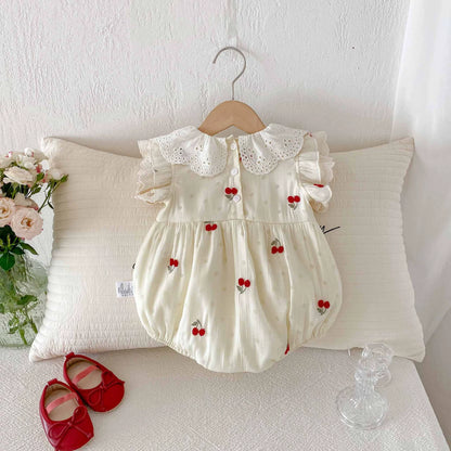 Summer Arrival Baby Girls Cute Fly Sleeves Cherry Embroidered Onesies, MyKids-USA®, Baby One-Pieces, MyKids-USA -  -  -  -  -  -  - 