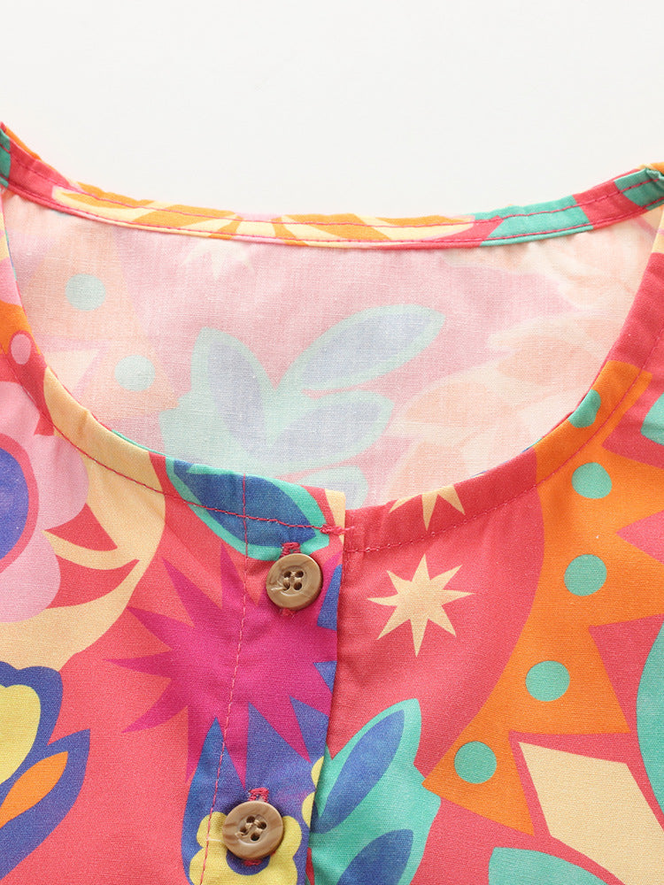 Summer Baby Kids Girls Short Sleeves Tropical Flowers Pattern Dress