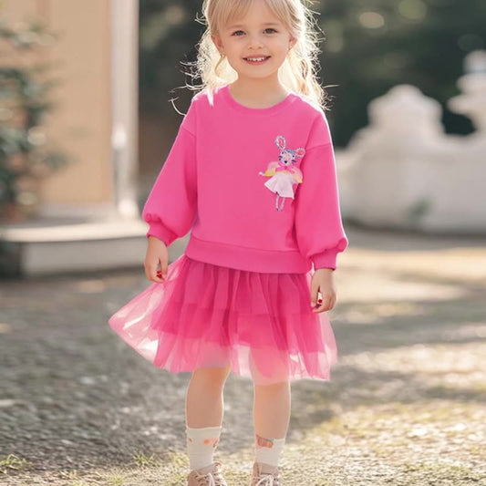 Autumn and Spring Arrival Cartoon Pattern Long Sleeves Dress with Tulle for Stylish Girls, MyKids-USA®, Baby & Toddler Dresses, MyKids-USA - Size/Age - 90 (12-24M) - Color - Pink -  -  - TR2507202310-A