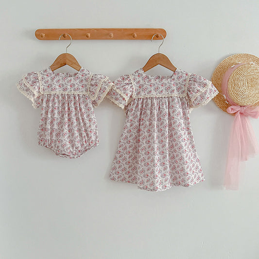 Summer Baby Girls Short Sleeves Square Neck Floral Pattern Dress And Onesie – Princess Sister Matching Set, MyKids-USA®, Baby & Toddler Outfits, MyKids-USA -  -  -  -  -  -  - 