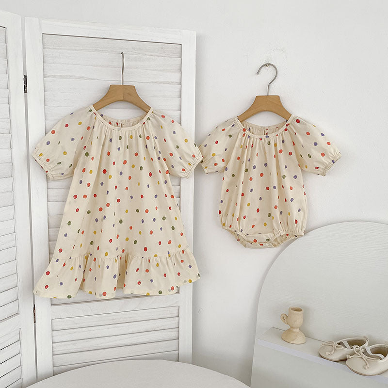 Summer Girls Coloful Dots Pattern Short Sleeves Onesies and Girls’ Dress – Princess Sister Matching Set, MyKids-USA®, Baby & Toddler Outfits, MyKids-USA -  -  -  -  -  -  - 