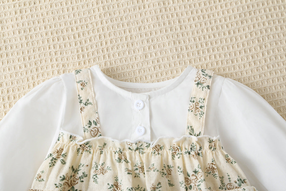 Baby Girl Floral Pattern Round Neck Long Sleeve Onesie Dress