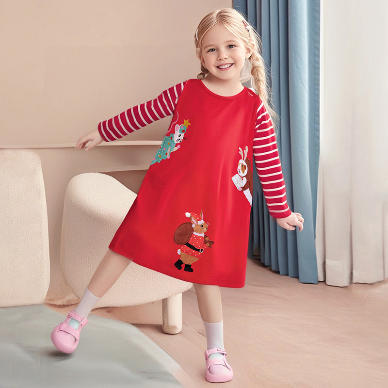 Autumn and Spring Christmas Cartoon and Striped Pattern Long Sleeves Dress, MyKids-USA®, Baby & Toddler Dresses, MyKids-USA - Size/Age - 90 (12-24M) - Color - Red -  -  - TR2507151952-A
