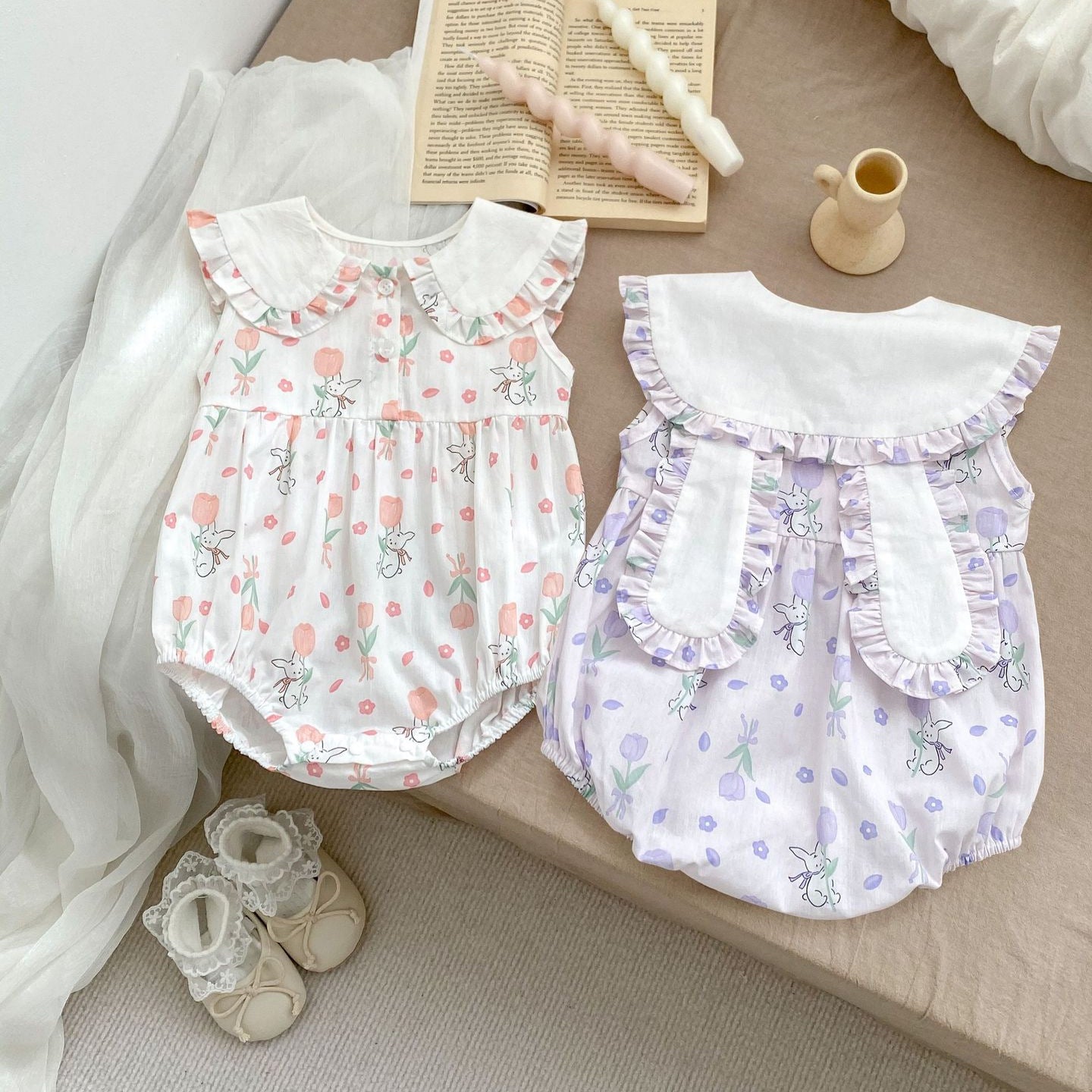 Summer Thin New Arrival Baby Girls Floral Pattern Rabbits Design Sleeveless Peter Pan Collar Onesies