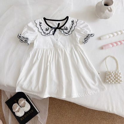 Summer Arrival Baby Girl Vintage Short Sleeves Dress with Flowers Embroidered Collar, MyKids-USA®, Baby & Toddler Dresses, MyKids-USA -  -  -  -  -  -  - 