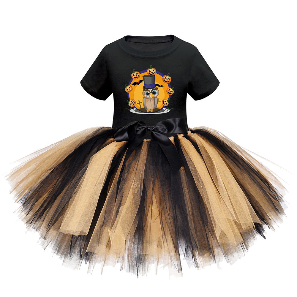 Arrival Girls’ Halloween Costume: Short Sleeves Cartoon Print Witches Cosplay Party Tulle Patchwork Dress, MyKids-USA®, Costume Dresses, MyKids-USA - Size/Age - S (1-3Y) - Color - Black -  -  - TR2409081536.