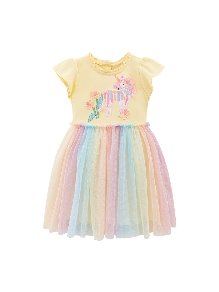 Spring And Summer Baby Girls Short Sleeves Floral Unicorn Cartoon Chiffon Dress, MyKids-USA®, Baby & Toddler Dresses, MyKids-USA - Size/Age - 90 (12-24M) - Color - Yellow -  -  - TR2312151459-A