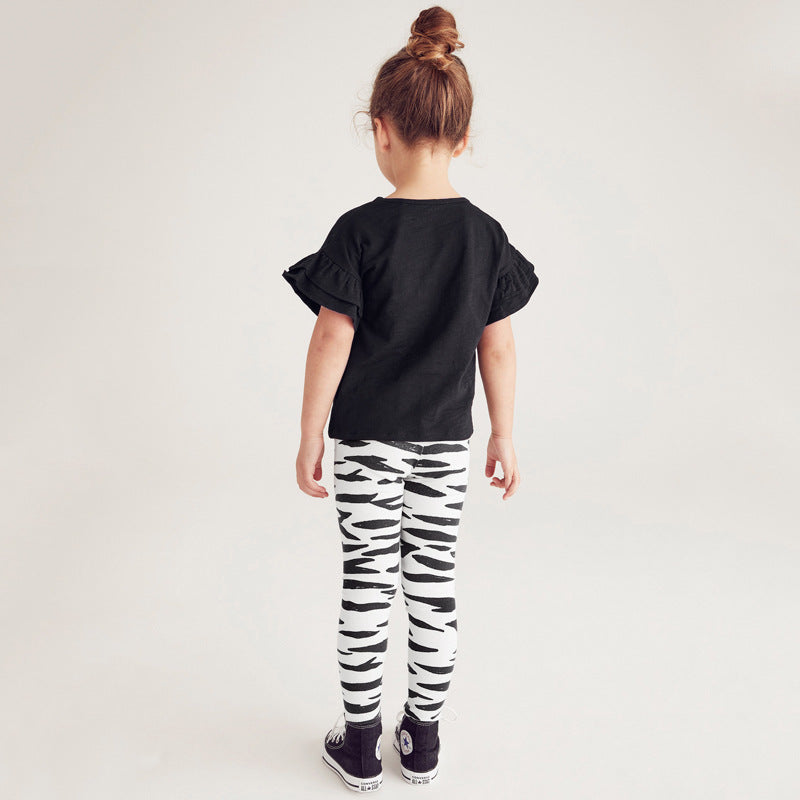 Girls Black Short Flare Sleeves T-Shirt And Striped Pants Set