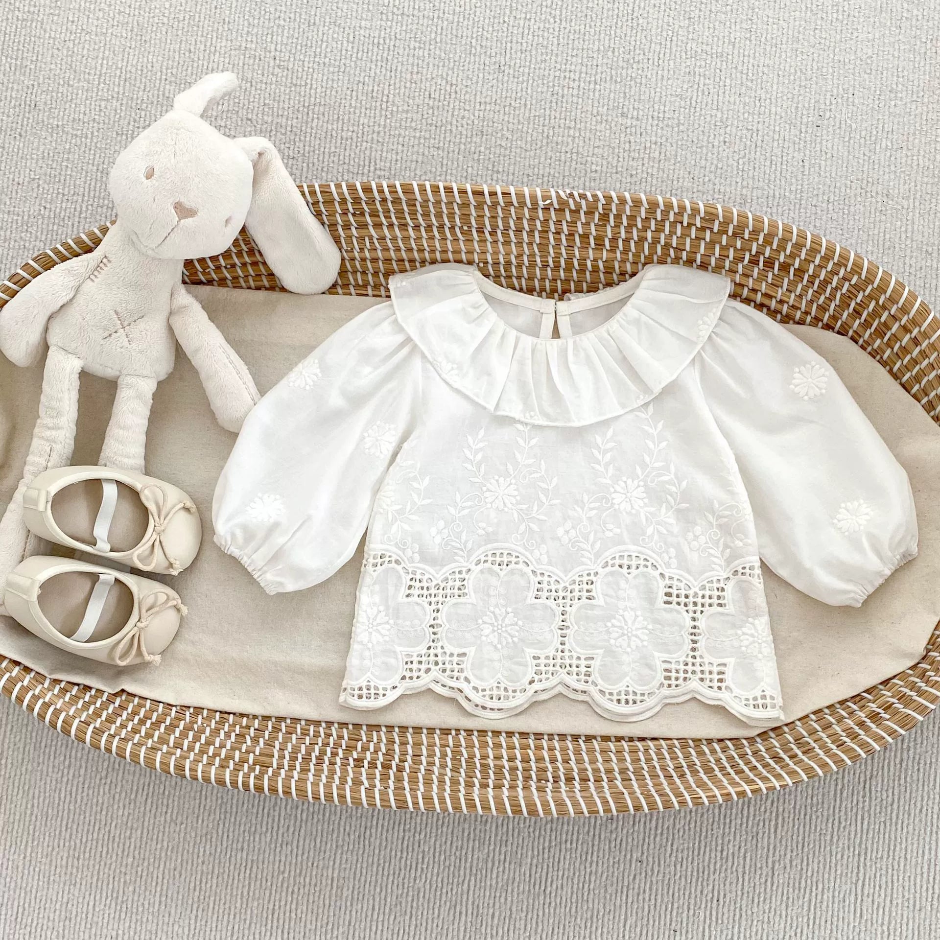 Spring and Autumn Kids Girls Flowers Embroidered Pattern Long Sleeves Hollow-out Top and Denim Pants Clothing Set, MyKids-USA®, Baby & Toddler Outfits, MyKids-USA - Size/Age - 73 (6-9M) - Color - Beige -  -  - TR2508242233-A