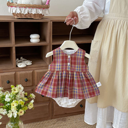 Design Summer Baby Kids Girls Sleeveless Plaid Pattern Bodysuit