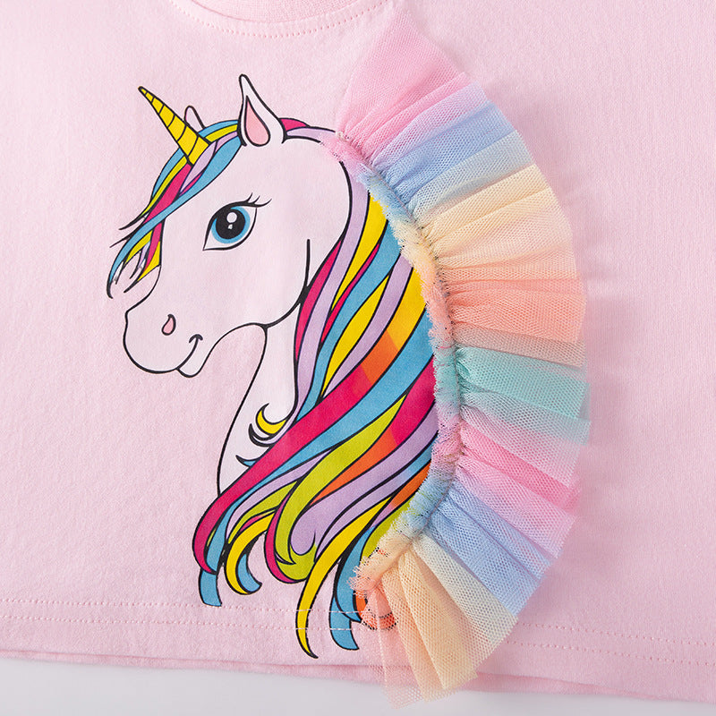 Summer Hot Selling Baby Kids Girls Short Sleeves Cartoon Pattern T-shirt and Tulle Skirt Clothing Set