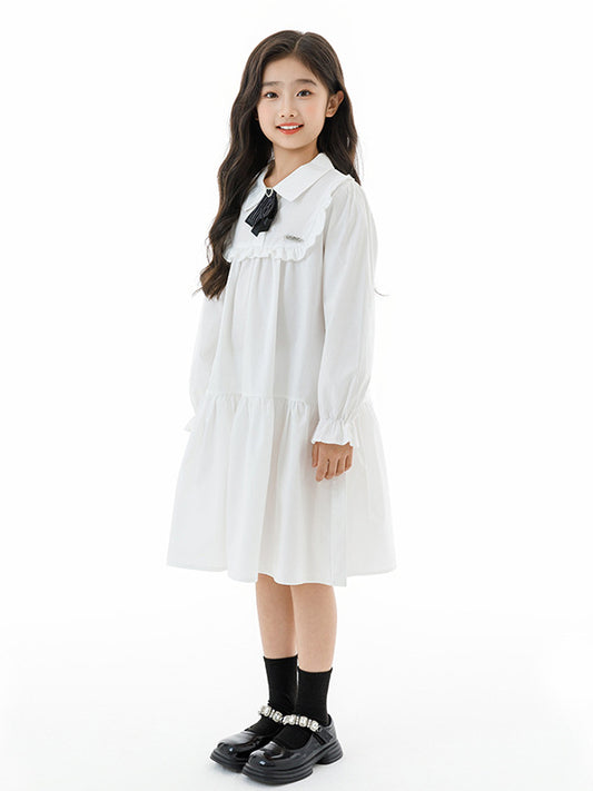 Autumn Arrival Long Sleeves Tie-Dyed White Preppy One-Piece Dress for Stylish Girls