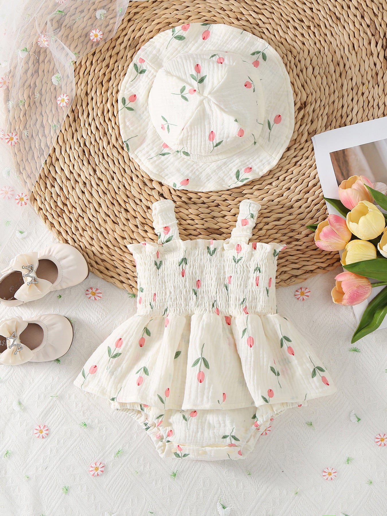 Design Summer Baby Kids Girls Sleeveless Flowers Pattern Bodysuit with Hat