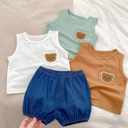 Baby Bear Patched Tops With Denim Shorts Sets