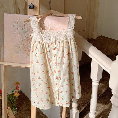 Summer Baby Kids Girls Sleeveless Single Breasted Floral Print Lace Hollow Out Strap Princess Dress