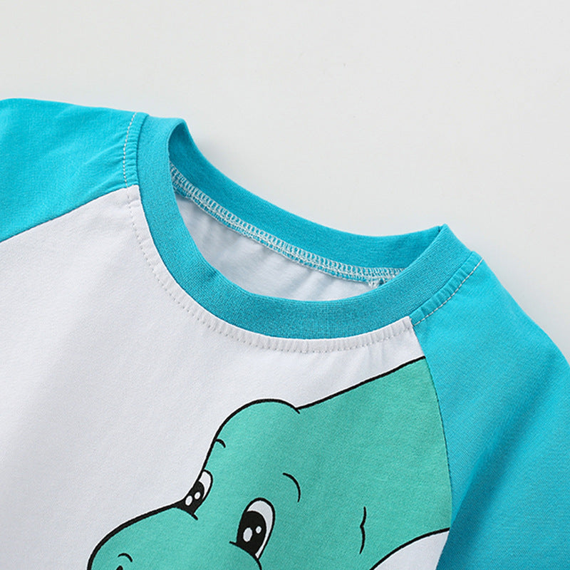 Summer Boys’ Dinosaur Cartoon Pattern Color Patchwork T-shirt in European and American Style, MyKids-USA®, Baby & Toddler Tops, MyKids-USA -  -  -  -  -  -  - 
