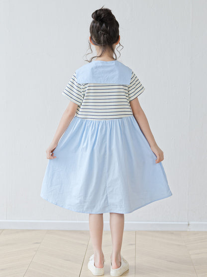 Summer Arrival Short Sleeves Striped Color Patchwork Dress for Stylish Girls