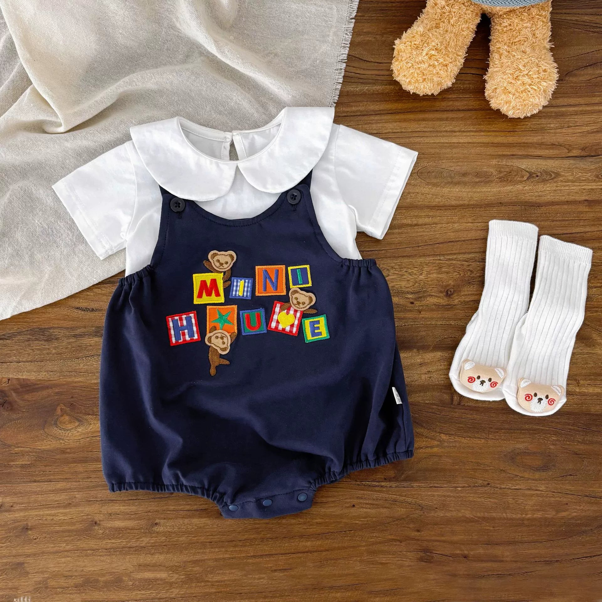Summer Arrival Baby Kids Unisex Sleeveless Monkeys and Letters Embroidered Strap Onesies Overalls and White T-Shirt Clothing Set, MyKids-USA®, Baby & Toddler Outfits, MyKids-USA - Size/Age - 66 (3-6M) - Color - Navy Blue (Dark Blue) -  -  - TR2505301045-A