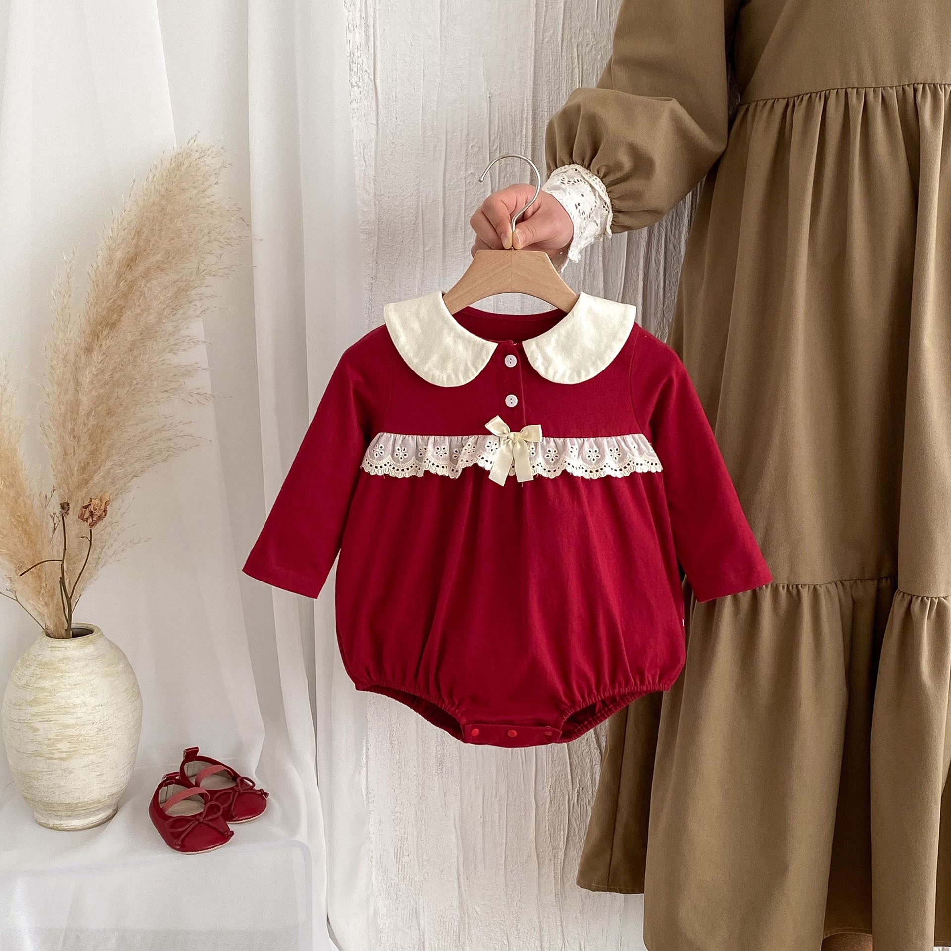 Autumn Arrival Baby Girls Long Sleeves Color Patchwork Peter Pan Collar Onesies, MyKids-USA®, Baby One-Pieces, MyKids-USA - Size/Age - 66 (3-6M) - Color - Red -  -  - TR2408201329-A