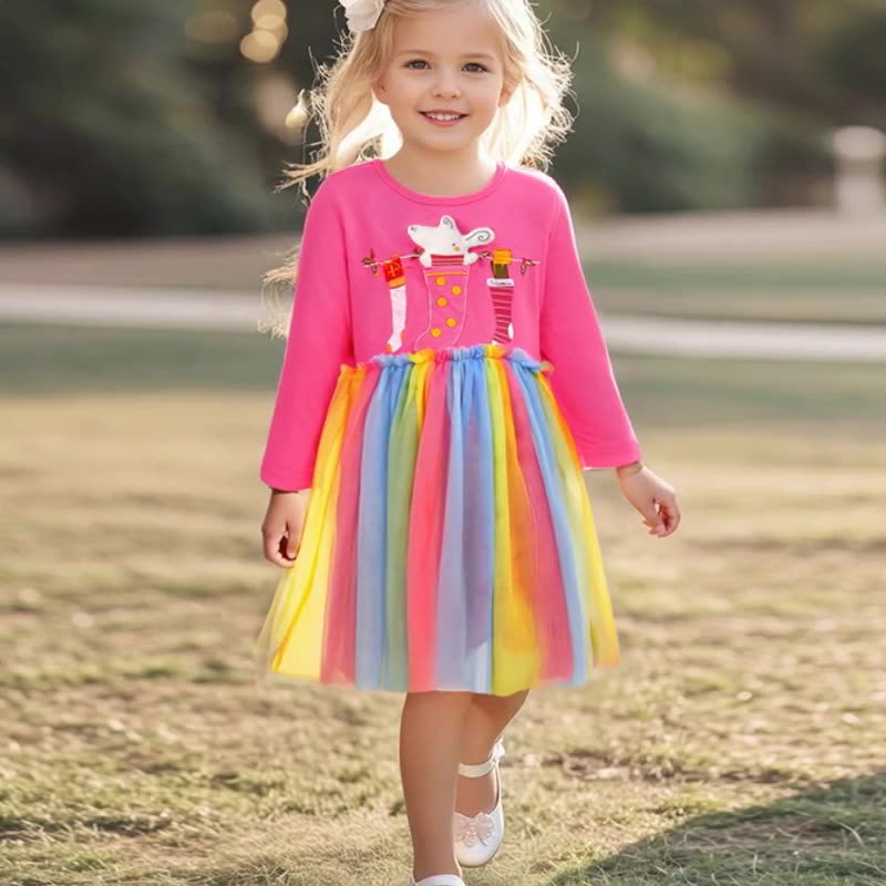 Autumn and Spring Arrival Cartoon Pattern Long Sleeves Dress with Colorful Tulle for Stylish Girls, MyKids-USA®, Baby & Toddler Dresses, MyKids-USA - Size/Age - 90 (12-24M) - Color - Pink -  -  - TR2507202307-A