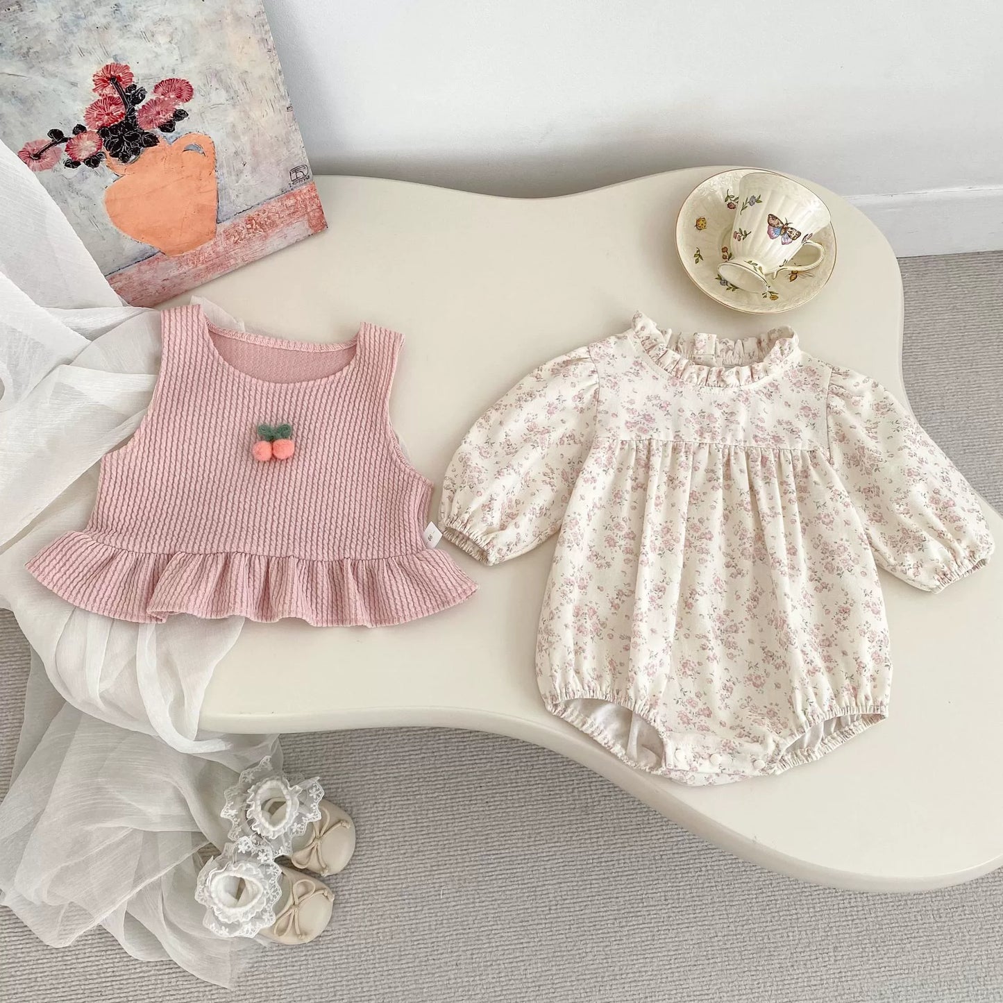 Spring and Autumn Baby Kids Girls Cherry Decorated Sleeveless Vest and Floral Long Sleeves Onesies Clothing Set, MyKids-USA®, Baby & Toddler Outfits, MyKids-USA -  -  -  -  -  -  - 