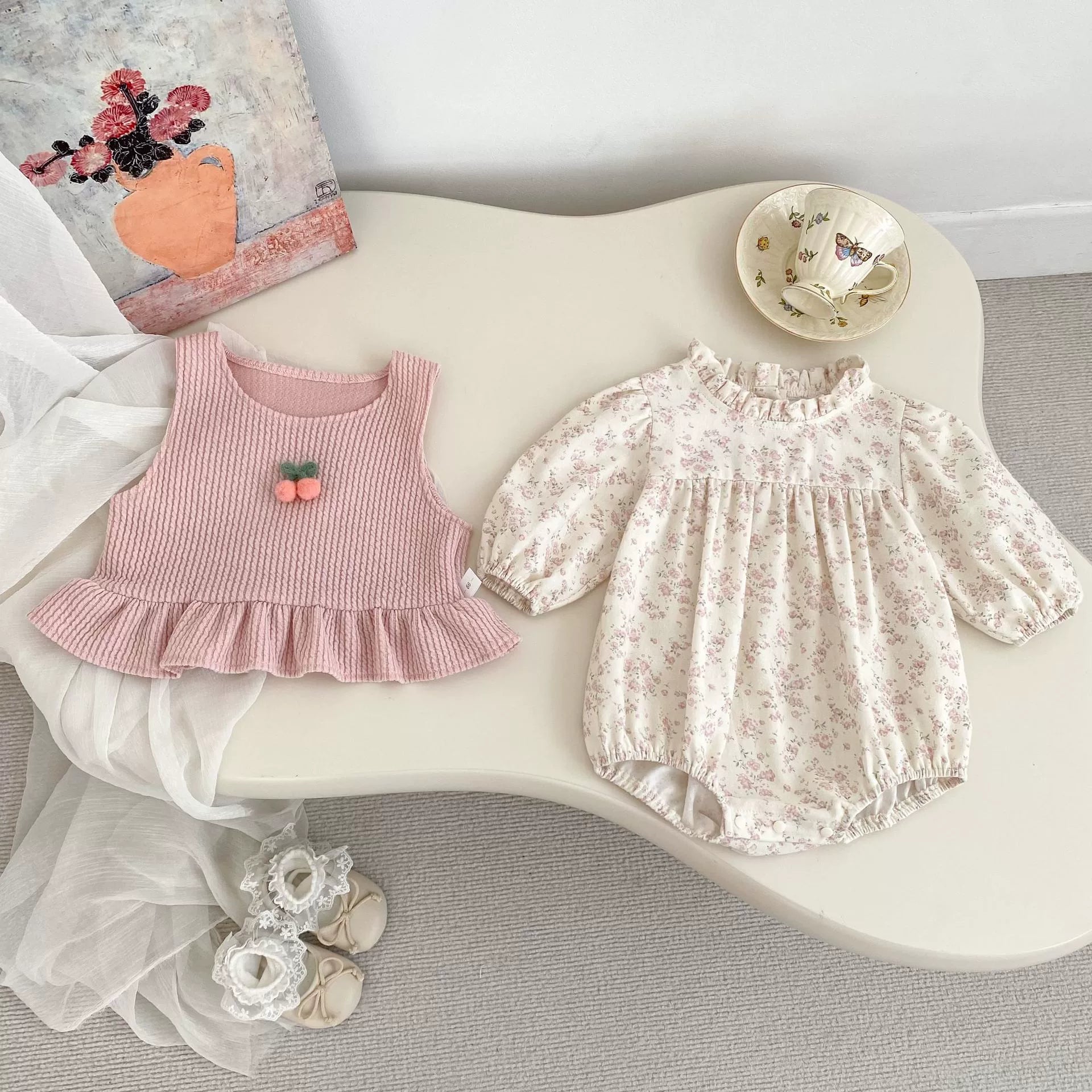 Spring and Autumn Baby Kids Girls Cherry Decorated Sleeveless Vest and Floral Long Sleeves Onesies Clothing Set, MyKids-USA®, Baby & Toddler Outfits, MyKids-USA -  -  -  -  -  -  - 
