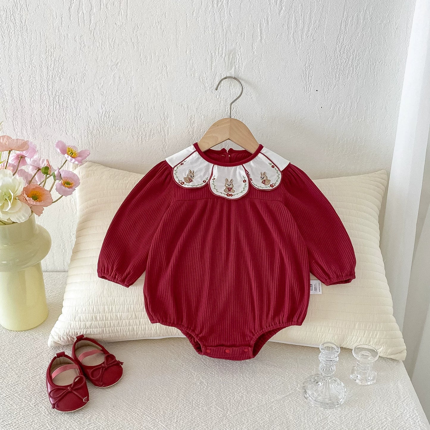 Autumn Hot Selling Baby Girls Red Long Sleeves Onesies Bodysuits with Rabbit and Flowers Embroidered Collar, MyKids-USA®, Baby One-Pieces, MyKids-USA -  -  -  -  -  -  - 