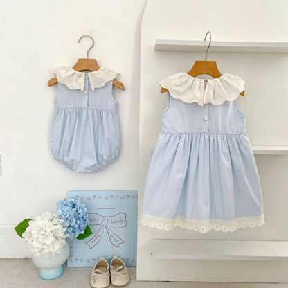 Summer Girls Flowers Pattern Lace Trim Onesies and Dress – Princess Sister Matching Set