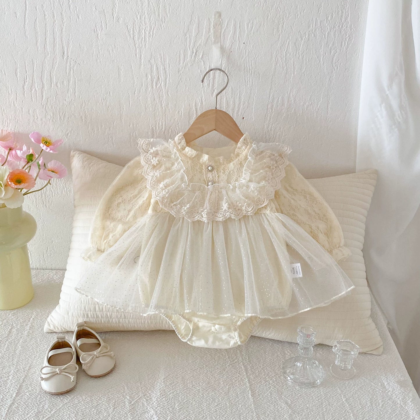 Autumn Arrival Baby Girls Long Sleeves Flowers Pattern Tulle Patchwork Onesies, MyKids-USA®, Baby One-Pieces, MyKids-USA - Size/Age - 66 (3-6M) - Color - Apricot -  -  - TR2508122240-A