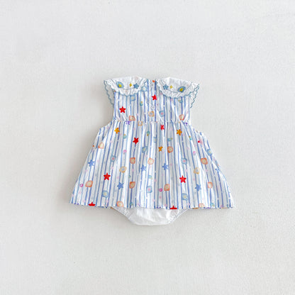 Design Summer Baby Kids Girls Sleeveless Marine Elements Pattern Bodysuit Dress