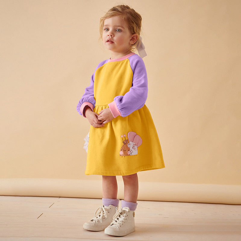 Autumn and Winter Arrival Cartoon Pattern Color Patchwork Long Sleeves Crew Neck Dress for Stylish Girls, MyKids-USA®, Baby & Toddler Dresses, MyKids-USA - Size/Age - 90 (12-24M) - Color - Purple -  -  - TR2507192220-A