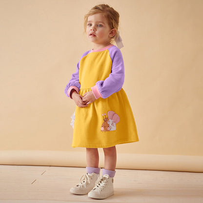 Autumn and Winter Arrival Cartoon Pattern Color Patchwork Long Sleeves Crew Neck Dress for Stylish Girls, MyKids-USA®, Baby & Toddler Dresses, MyKids-USA - Size/Age - 90 (12-24M) - Color - Purple -  -  - TR2507192220-A