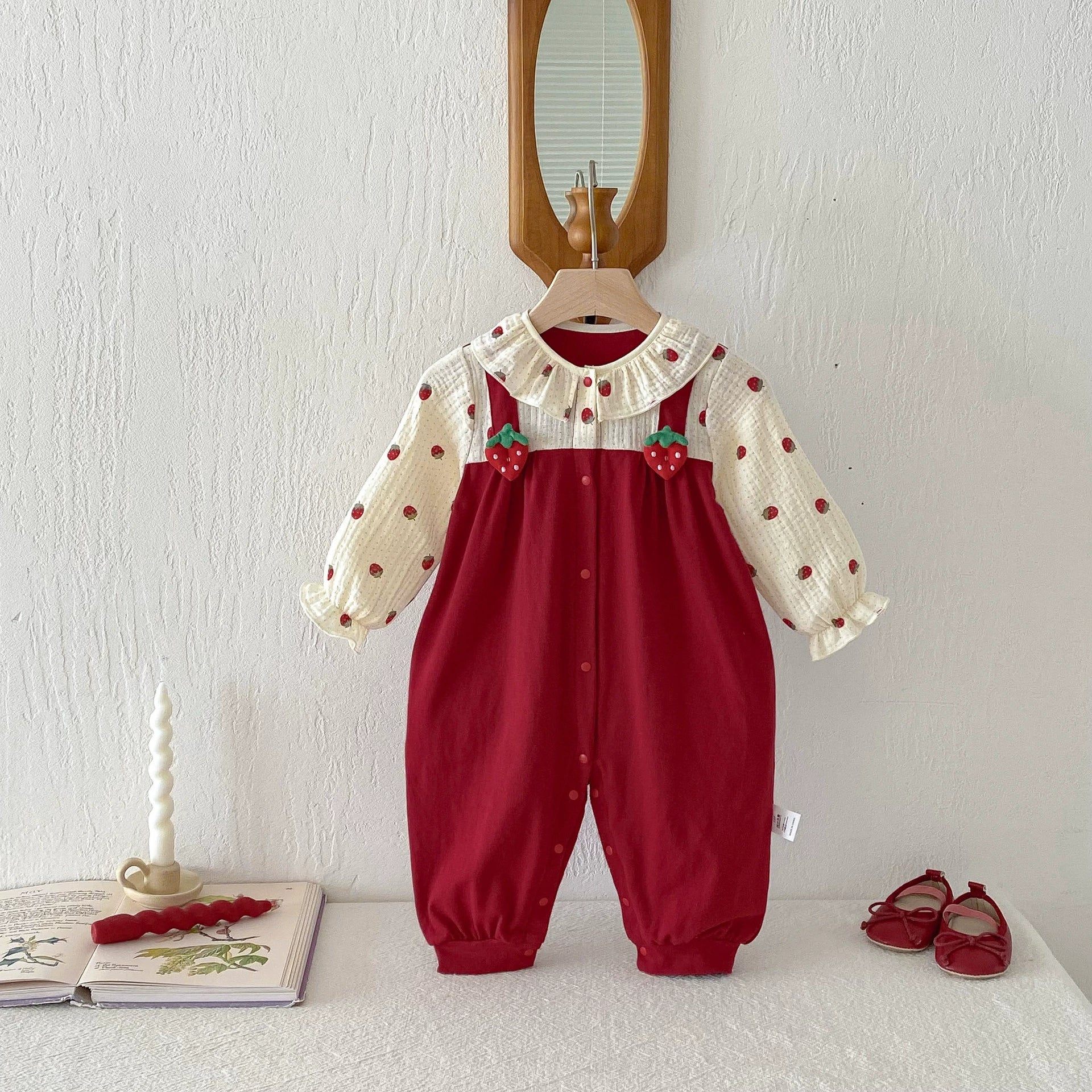 Autumn Hot Selling Baby Girls Long Sleeves Red Strawberry Pattern Color Patchwork Rompers, MyKids-USA®, Baby One-Pieces, MyKids-USA - Size/Age - 66 (3-6M) - Color - Red -  -  - TR2508052350-A