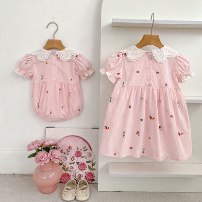 Summer Girls Flowers Pattern Embroidered Short Sleeves Onesies and Dress – Princess Sister Matching Set, MyKids-USA®, Baby & Children's One-Pieces, MyKids-USA -  -  -  -  -  -  - .