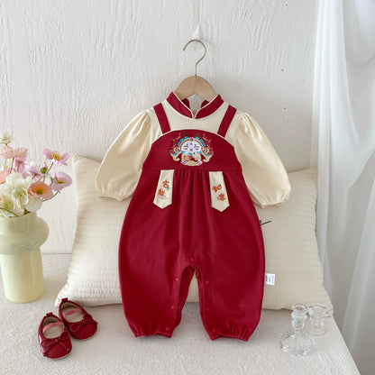 Autumn Arrival Baby Girls Long Sleeves Cartoon and Letters Embroidered Pattern Color Patchwork Rompers, MyKids-USA®, Baby One-Pieces, MyKids-USA - Size/Age - 66 (3-6M) - Color - Red -  -  - TR2508122216-A