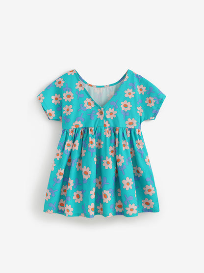 Summer Hot Selling Cute Flowers Pattern Short Sleeves Dress for Stylish Girls