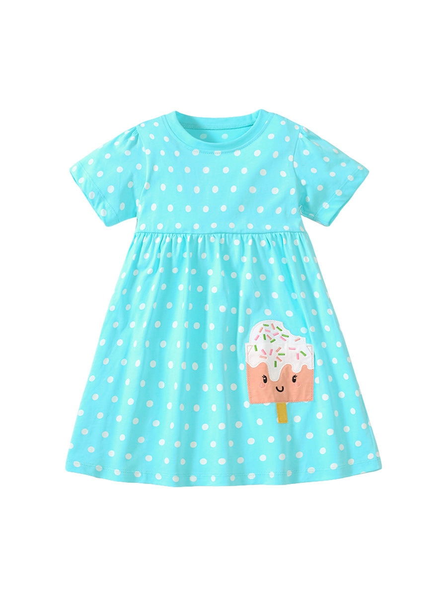 Spring And Summer Baby Girls Short Sleeves Ice-Cream Cartoon Polka Dots Dress