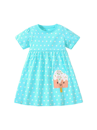 Spring And Summer Baby Girls Short Sleeves Ice-Cream Cartoon Polka Dots Dress