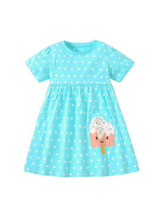 Spring And Summer Baby Girls Short Sleeves Ice-Cream Cartoon Polka Dots Dress, MyKids-USA®, Baby & Toddler Dresses, MyKids-USA - Size/Age - 90 (12-24M) - Color - Light Blue -  -  - TR2312071145-A