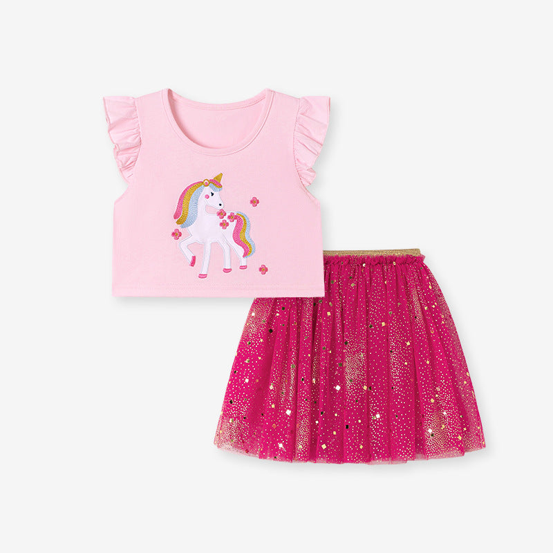 Summer Hot Selling Baby Kids Girls Fly Sleeves Cartoon Pattern T-shirt and Tulle Skirt Clothing Set