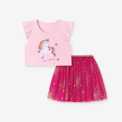 Summer Hot Selling Baby Kids Girls Fly Sleeves Cartoon Pattern T-shirt and Tulle Skirt Clothing Set
